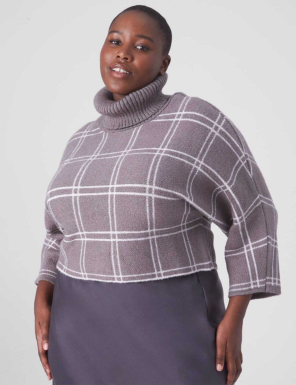 Plus Size Grey Plaid Three Quarter Sleeve Pullover Turtleneck Sweater Wmns 1X
